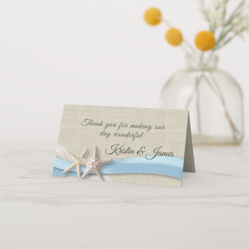 Starfish and Ribbon Light Blue Wedding Place Card