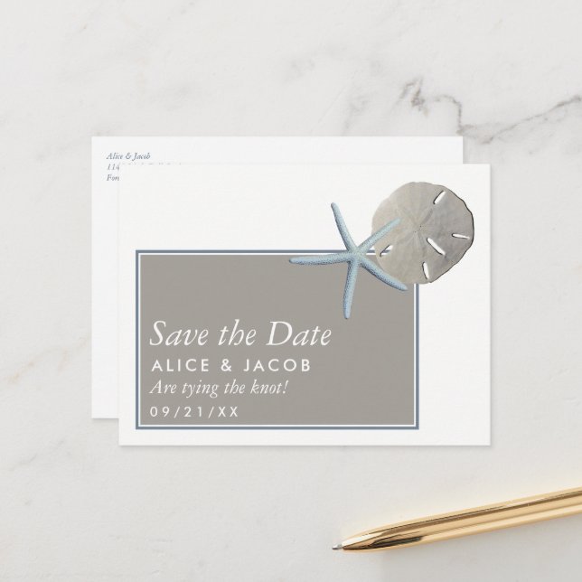 Starfish and Sand Dollar - Beach Save the Date Announcement Postcard (Front/Back In Situ)