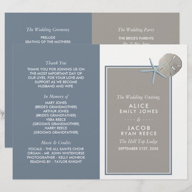 Starfish and Sand Dollar - Beach Wedding Programme (Front/Back)