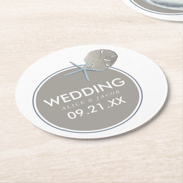 Starfish and Sand Dollar - Beach Wedding Round Paper Coaster (Angled)
