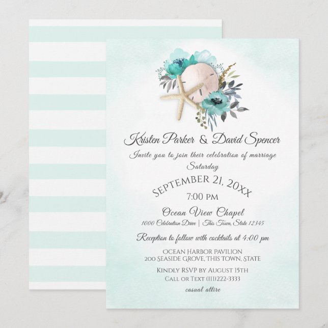 Starfish and Sand Dollar Floral Beach Wedding Invi Invitation (Front/Back)