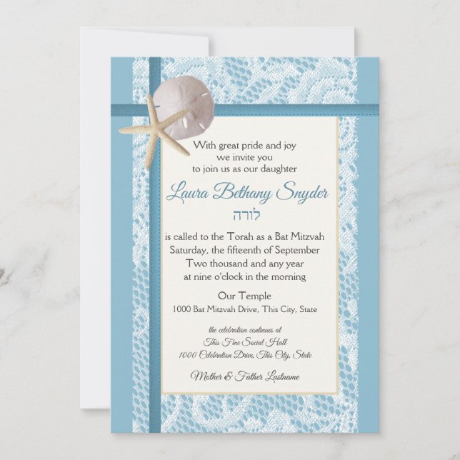 Starfish and Sand Dollar Ocean Bat Mitzvah Invitation (Front)