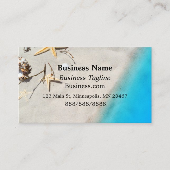 Starfish and sandy beach with blue waves business card (Front)
