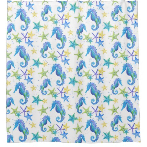 Starfish and Seahorse Watercolor Beach Bathroom Shower Curtain