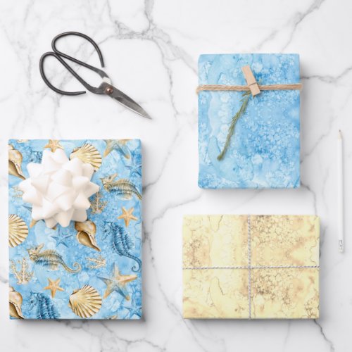 Starfish and Seahorses Blue Ocean Sandy Watercolor Wrapping Paper Sheets