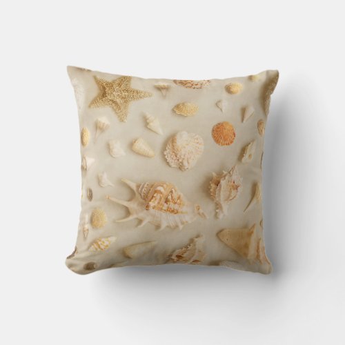 Starfish and Seashells Coastal Beach Photo Beige Throw Pillow