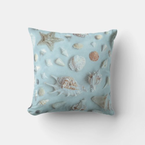 Starfish and Seashells Coastal Beach Photo Blue Throw Pillow