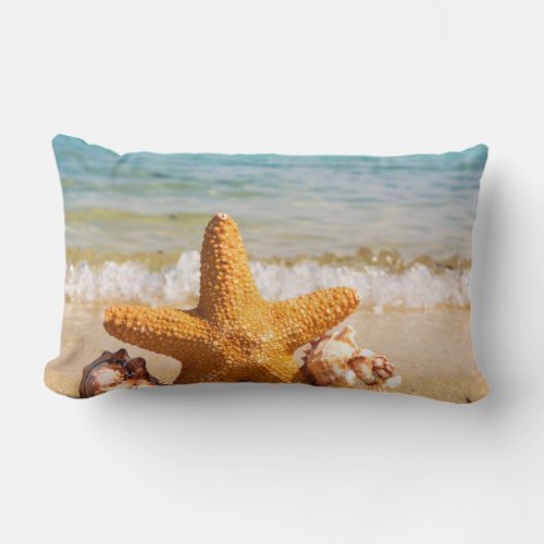 Starfish and Seashells on the Beach Lumbar Pillow