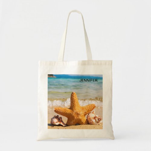 Starfish and Seashells on the Beach Personalized Tote Bag