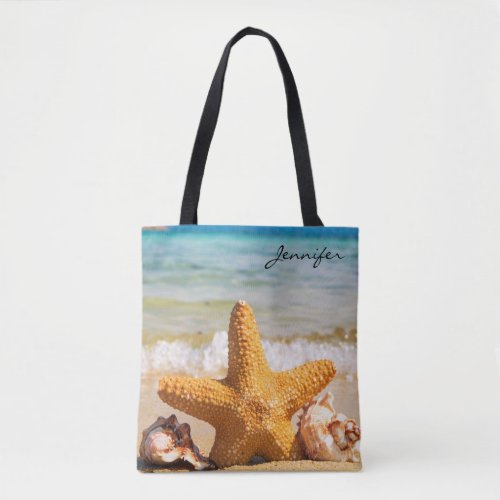 Starfish and Seashells on the Beach Personalized Tote Bag