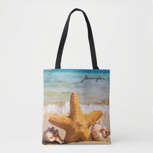 Starfish and Seashells on the Beach Personalized Tote Bag (Front)