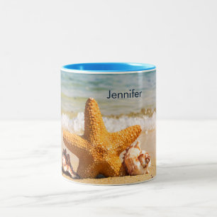 Starfish and Seashells on the Beach Personalized Two-Tone Coffee Mug