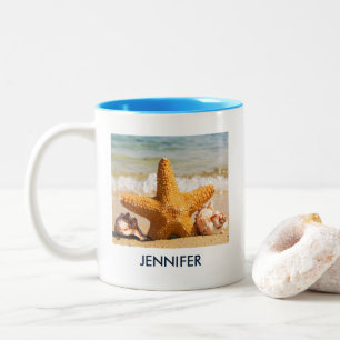 Starfish and Seashells on the Beach Photo Custom Two-Tone Coffee Mug