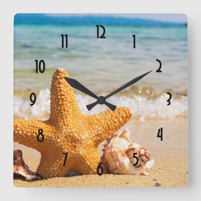 Starfish and Seashells on the Beach Square Wall Clock (Front)