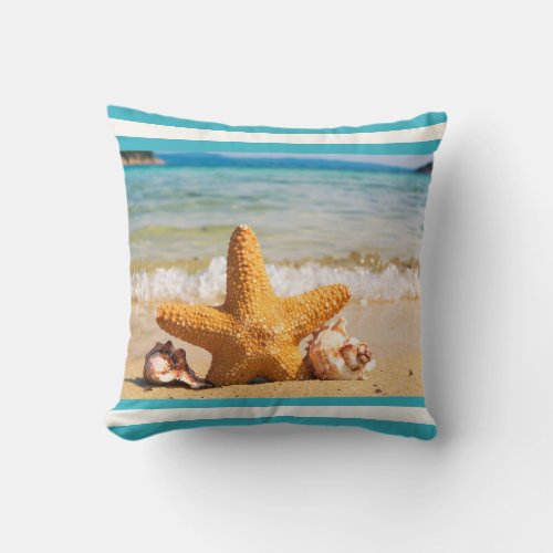 Starfish and Seashells on the Beach Throw Pillow