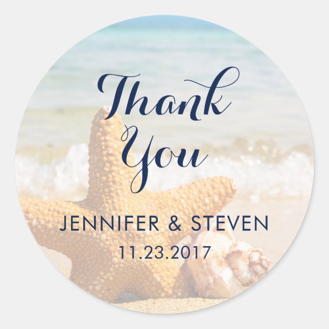 Starfish and Seashells on the BeachThank You Classic Round Sticker (Front)
