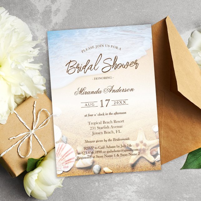Starfish and Shells Tropical Beach Bridal Shower Invitation (Creator Uploaded)