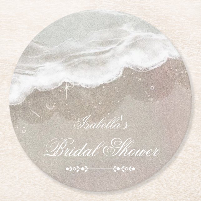 Starfish and Shells Tropical Beach Bridal Shower Round Paper Coaster (Front)