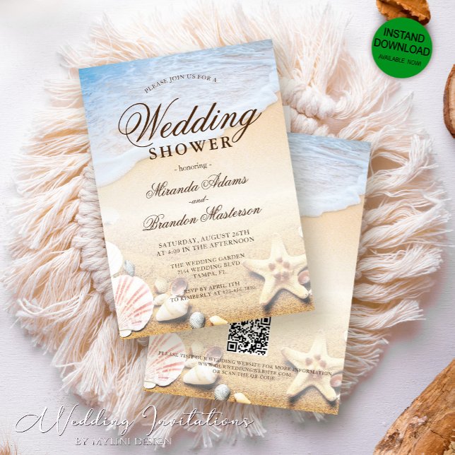 Starfish and Shells Tropical Beach Wedding Shower Invitation (Creator Uploaded)
