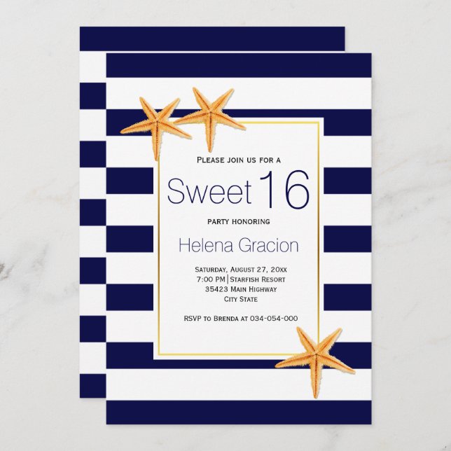 Starfish and stripes beach Sweet Sixteen birthday Invitation (Front/Back)