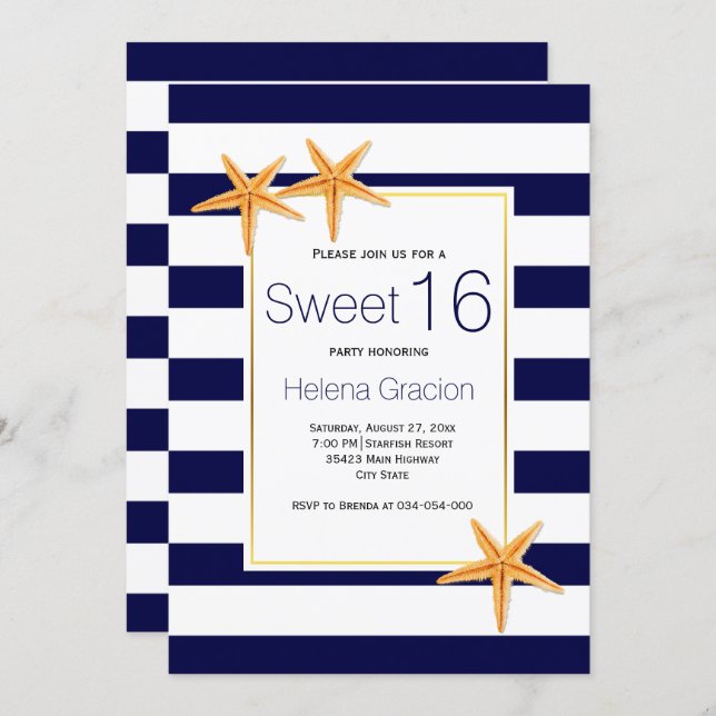 Starfish and stripes beach Sweet Sixteen birthday Invitation (Front/Back)