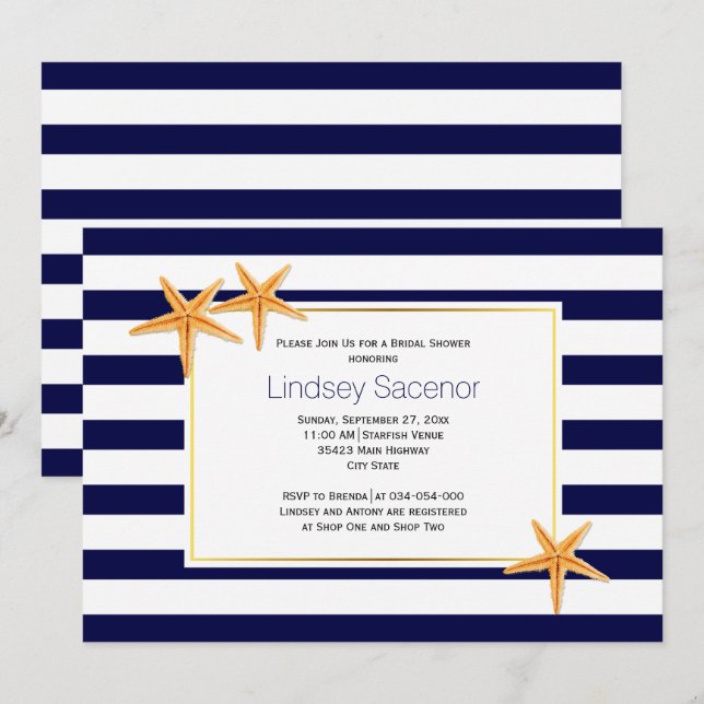 Starfish and stripes beach wedding bridal shower invitation (Front/Back)