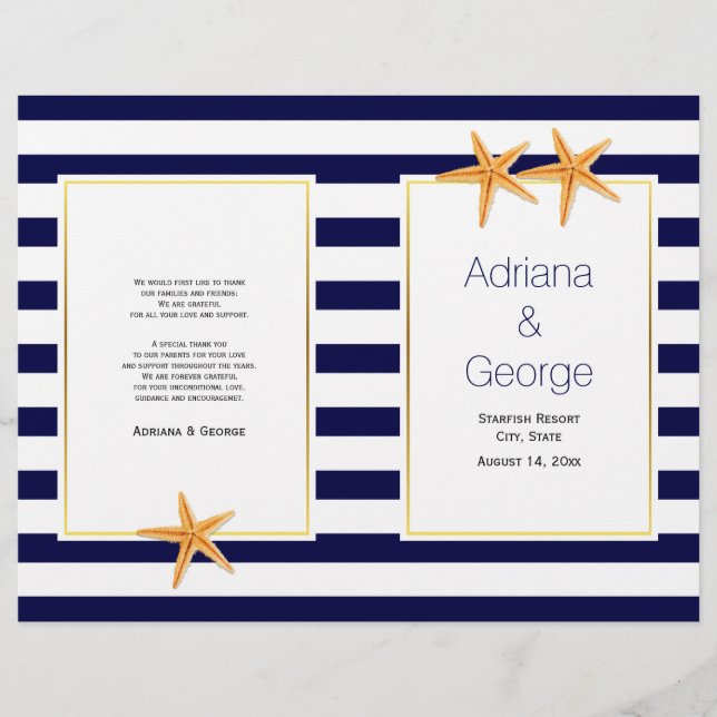 Starfish and stripes folded beach wedding program (Front)