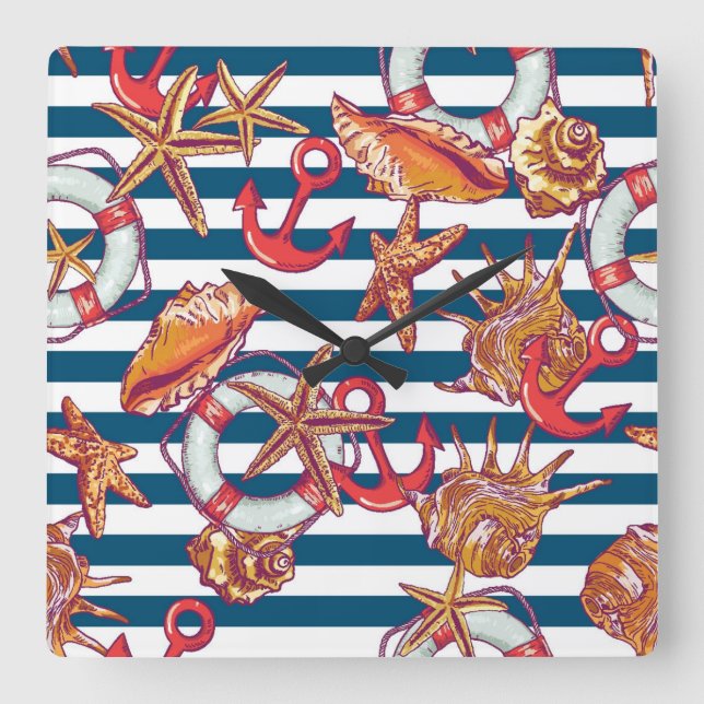 Starfish And Stripes Pattern Square Wall Clock (Front)