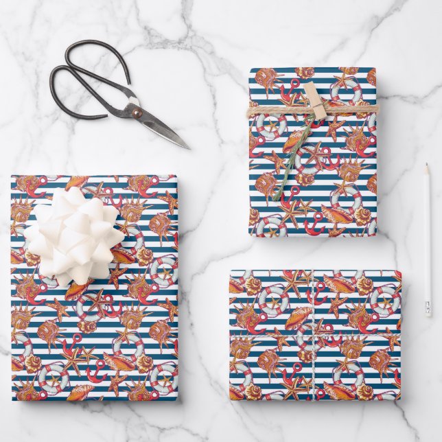 Starfish And Stripes Pattern Wrapping Paper Sheets (Front)