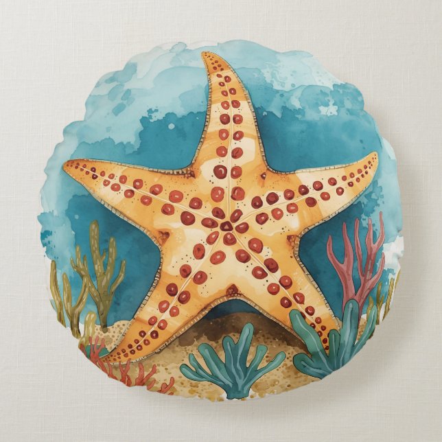 Starfish and Tropical Ocean Paradise Round Pillow (Front)