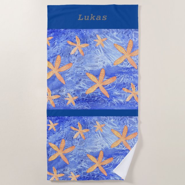 Starfish and water effect with customizable name beach towel (Front)