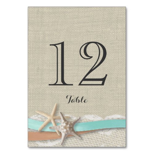 Starfish Aqua and Peach Ribbon Table Number Card