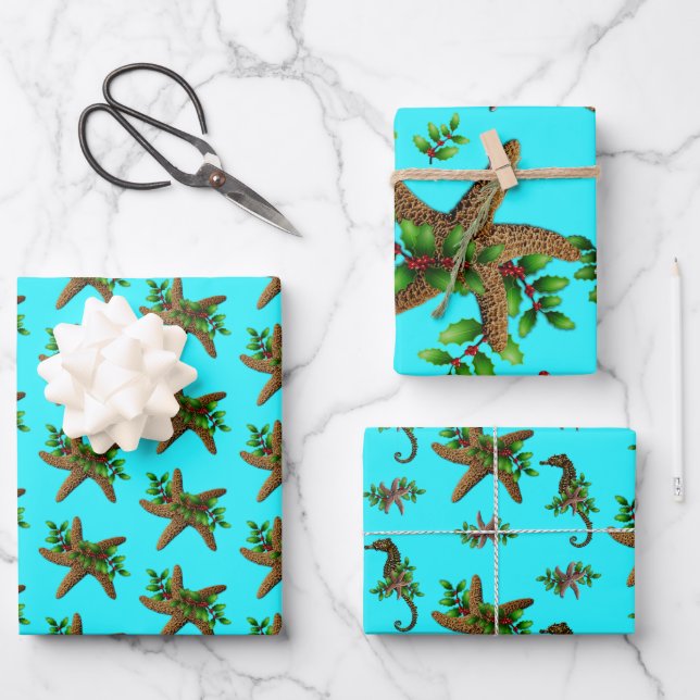 Starfish Aqua Beach Christmas Wrapping Paper (Front)