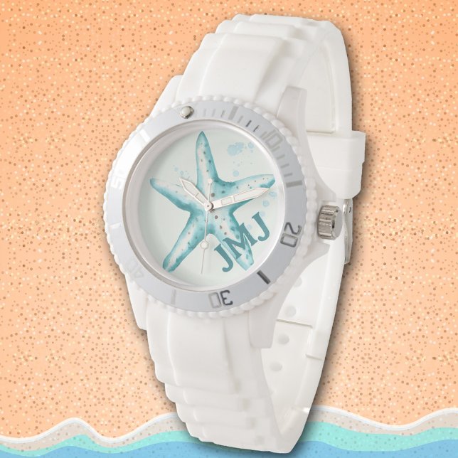 Starfish Aqua Beachy Initials Summer Watercolor Watch (Beachy watercolor starfish)