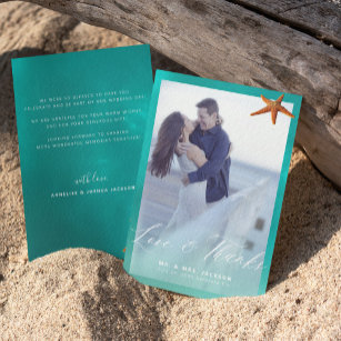 Starfish aqua blue beach wedding photo  thank you card