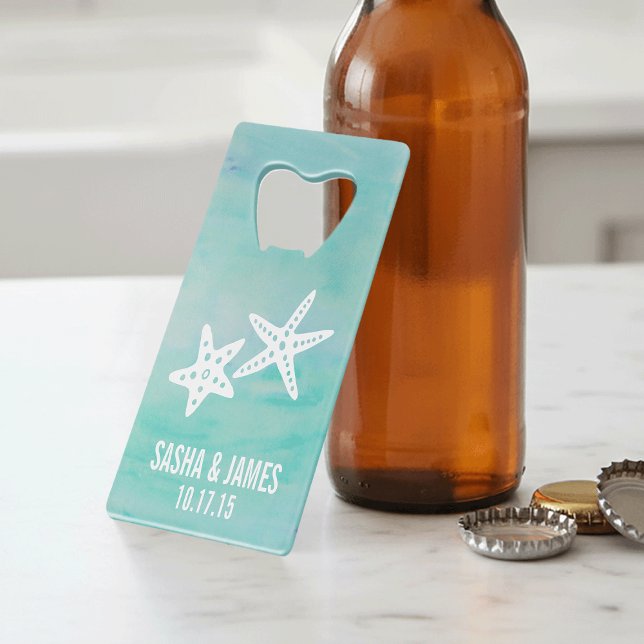 Starfish Aqua Personalized Wedding Favor Credit Card Bottle Opener (Creator Uploaded)