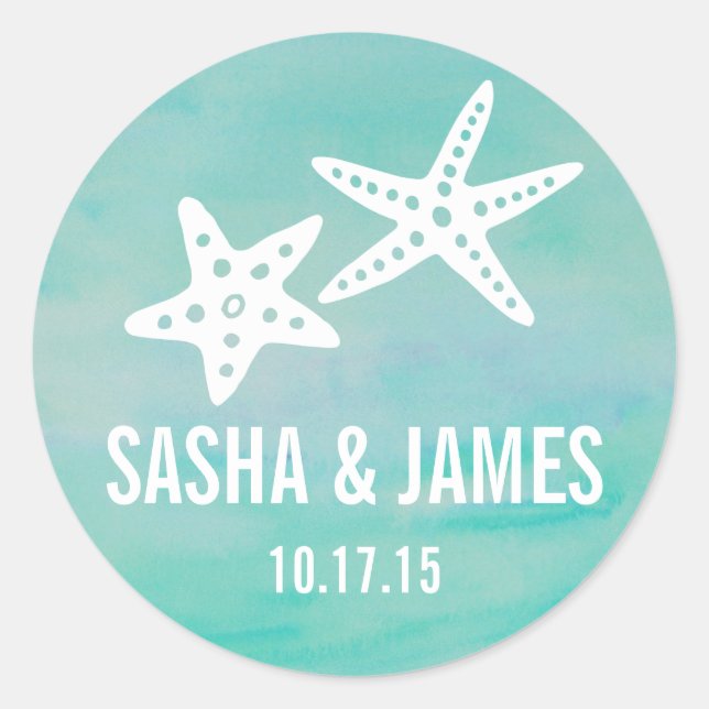 Starfish Aqua Personalized Wedding Stickers (Front)