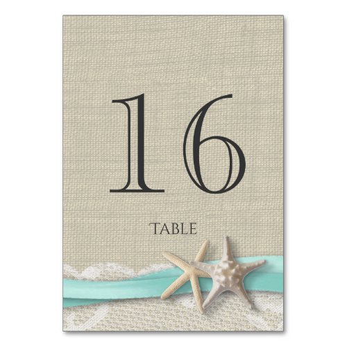 Starfish Aqua Ribbon Table Number Card