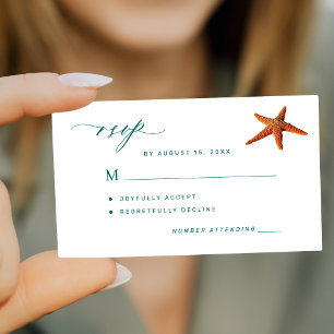 Starfish aqua teal script destination wedding RSVP Note Card
