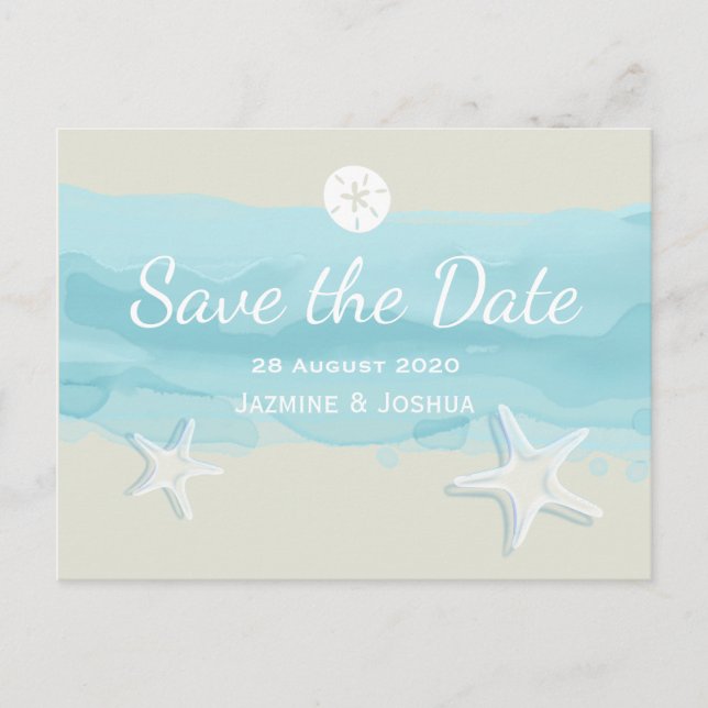 Starfish, aqua watercolor beach /save the date announcement postcard (Front)