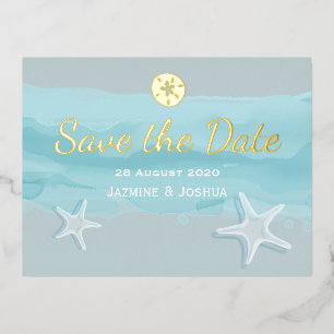 Starfish, aqua watercolor beach /save the date  foil invitation postcard