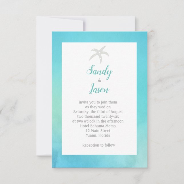 Starfish Beach Aqua Blue Wedding Invitation (Front)