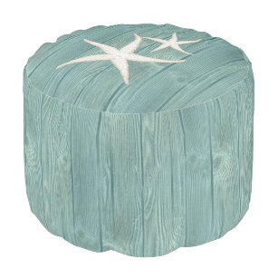 Starfish Beach Aqua Wood Pouf Seat