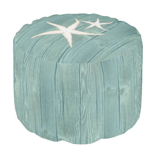 Starfish Beach Aqua Wood Pouf Seat (Angled Front)