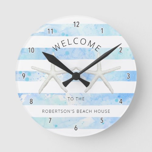 Starfish Beach Blue and White Modern Simple Stripe Round Clock