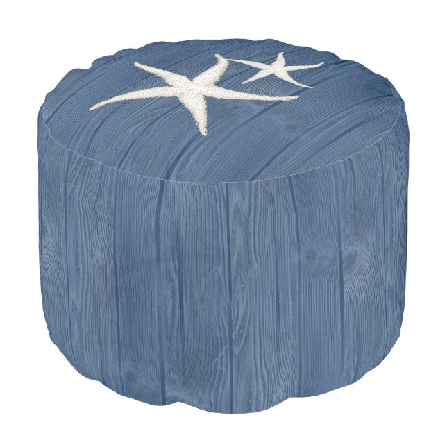 Starfish Beach Blue Wood Pouf Seat (Angled Front)