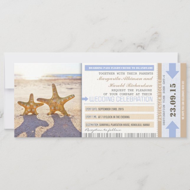 starfish beach boarding pass wedding invitations (Front)