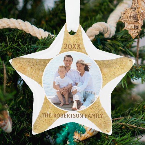 Starfish Beach Christmas Family Photo White Ornament