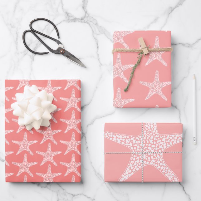  Starfish  Beach Coral Summer Wedding Pattern  Wrapping Paper Sheets (Front)