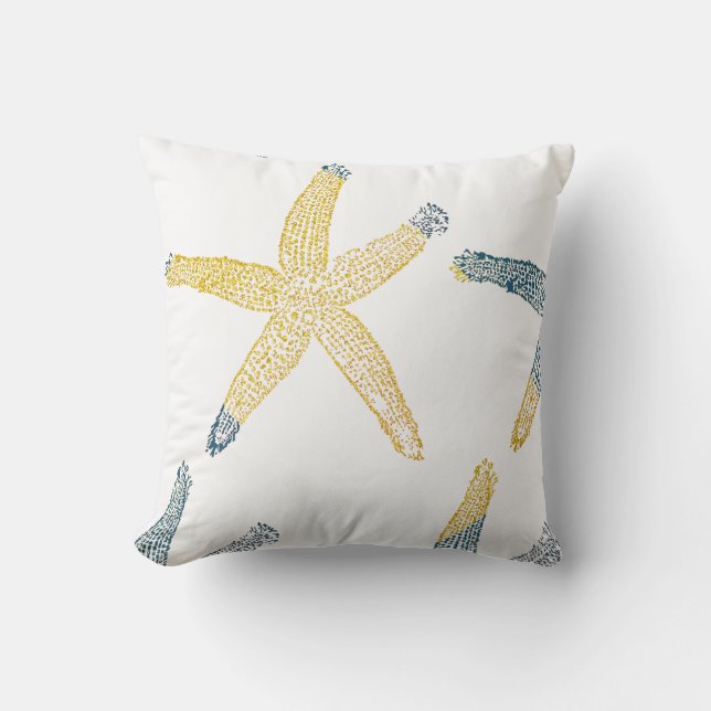 Starfish Beach Deep Blue Glittery Gold White Cute Outdoor Pillow (Front)